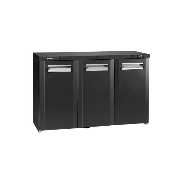Black Commercial Bottle Cooler – 338L Capacity Triple Hinged Glass Doors
